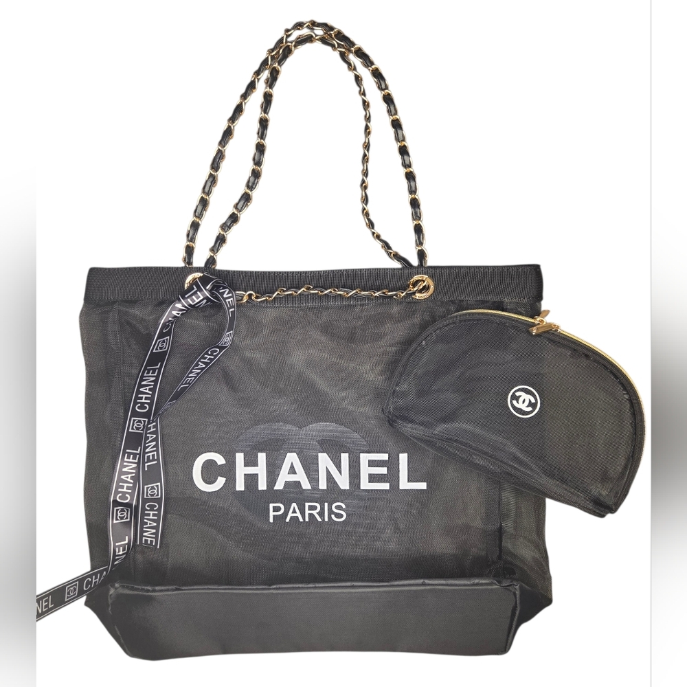 CHANEL Black Mesh Tote with Gold Chain Straps including Pouch